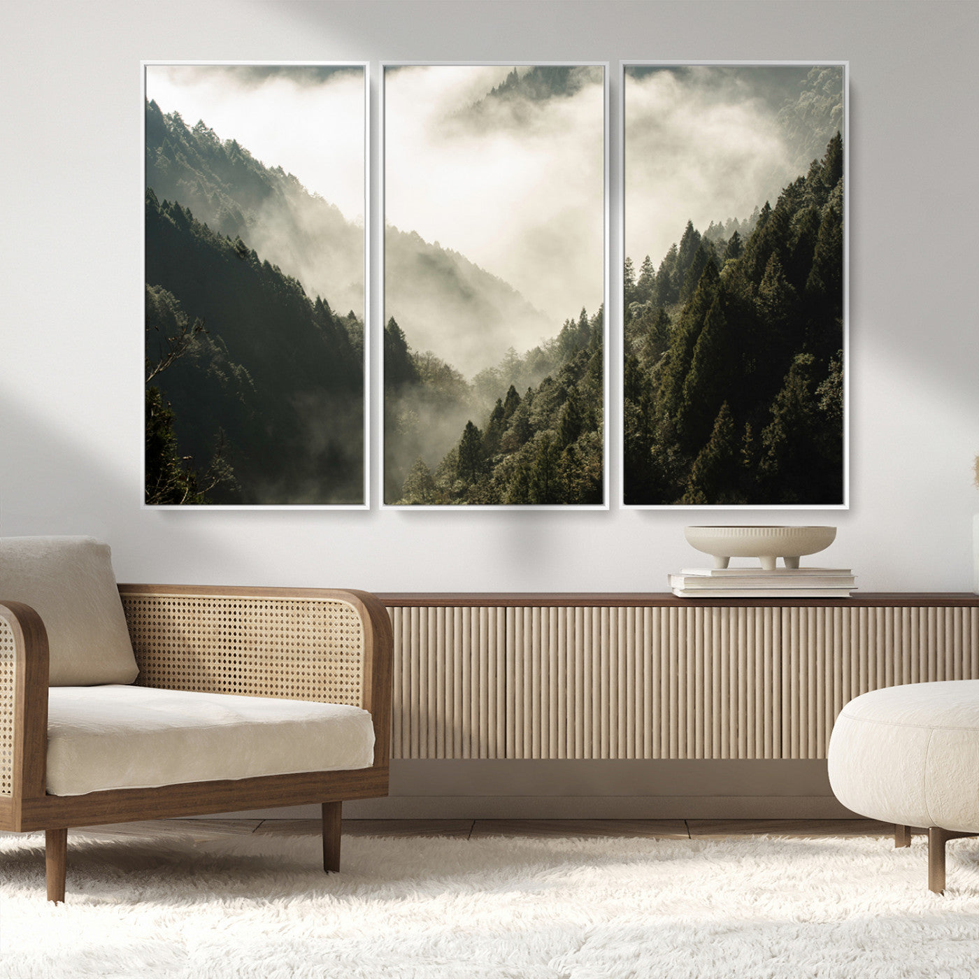 57570237-MGV-CV-36X24-Misty Valley Wall Art Canvas Print, Framed Foggy Forest Art Picture Print, Pine Trees Perfect Moody Woodland Decor Artwork