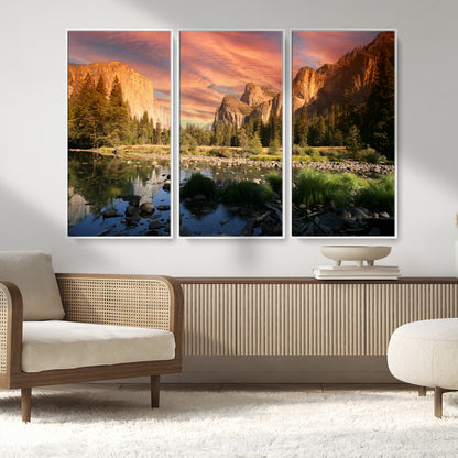 31199457-MGV-FC-48X32-3P_White-Yosemite Valley Wall Art Canvas Print, Framed El Capitan Art Picture Print, Sunset Sky Perfect Vibrant Western Decor Artwork