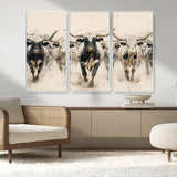 61538944-MGV-FC-48X32-3P_White-Texas Longhorn Wall Art Canvas Print, Framed Cattles Walking Art Picture Print, Black White Bulls Perfect Rustic Western Decor