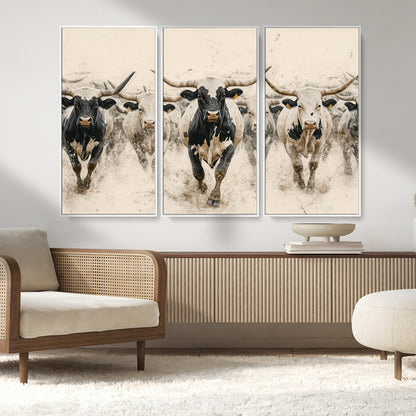 61538944-MGV-FC-48X32-3P_White-Texas Longhorn Wall Art Canvas Print, Framed Cattles Walking Art Picture Print, Black White Bulls Perfect Rustic Western Decor