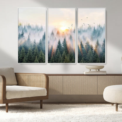 92718976-MGV-CV-36X24-Misty Forest Wall Art Canvas Print, Framed Sunrise Pines Art Picture Print, Foggy Woodland Perfect Moody Woodland Decor Artwork