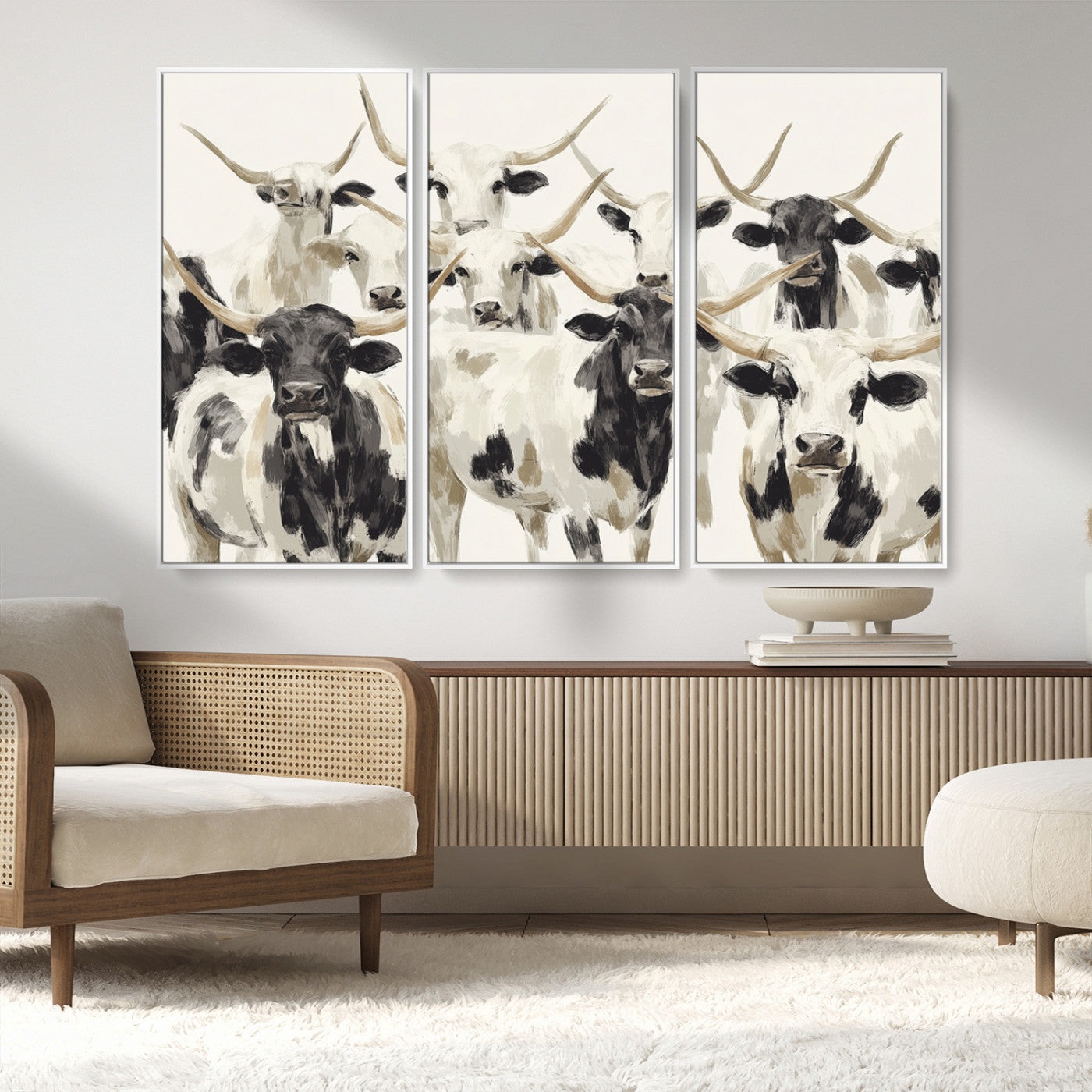 52947970-MGV-CV-36X24-Texas Longhorn Wall Art Canvas Print, Framed Cattle Herd Art Picture Print, Herd Portrait Perfect Modern Farmhouse Decor Artwork