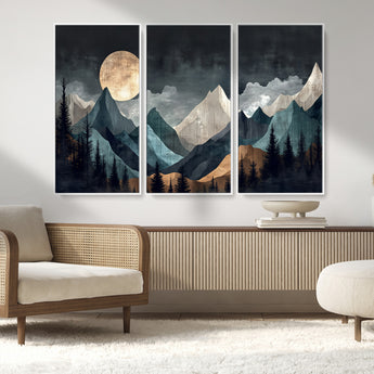 11060882-MGV-CV-36X24-Moonlit Mountains Wall Art Canvas Print, Framed Forest Silhouette Art Picture Print, Night Landscape Perfect Modern Forest Decor