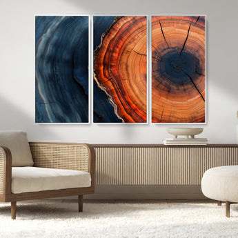 57732250-MGV-CV-36X24-Tree Ring Abstract Wall Art – Blue Orange Wood Grain Canvas Print, Modern Rustic Nature Artwork for Living Room, Office,