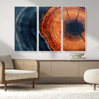 57732250-MGV-CV-36X24-Tree Ring Abstract Wall Art – Blue Orange Wood Grain Canvas Print, Modern Rustic Nature Artwork for Living Room, Office,