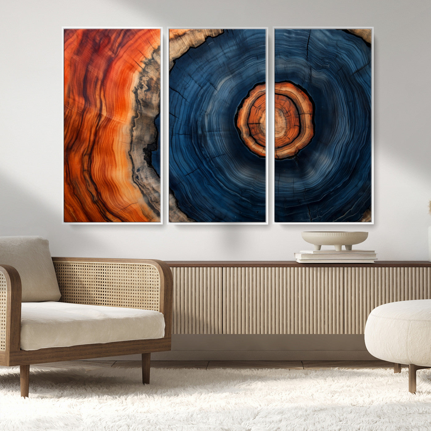 72209152-MGV-FC-48X32-3P_White-Abstract Tree Ring Wall Art – Vibrant Blue Orange Wood Grain Canvas Print, Rustic Modern Nature Artwork for Living Room, Office,