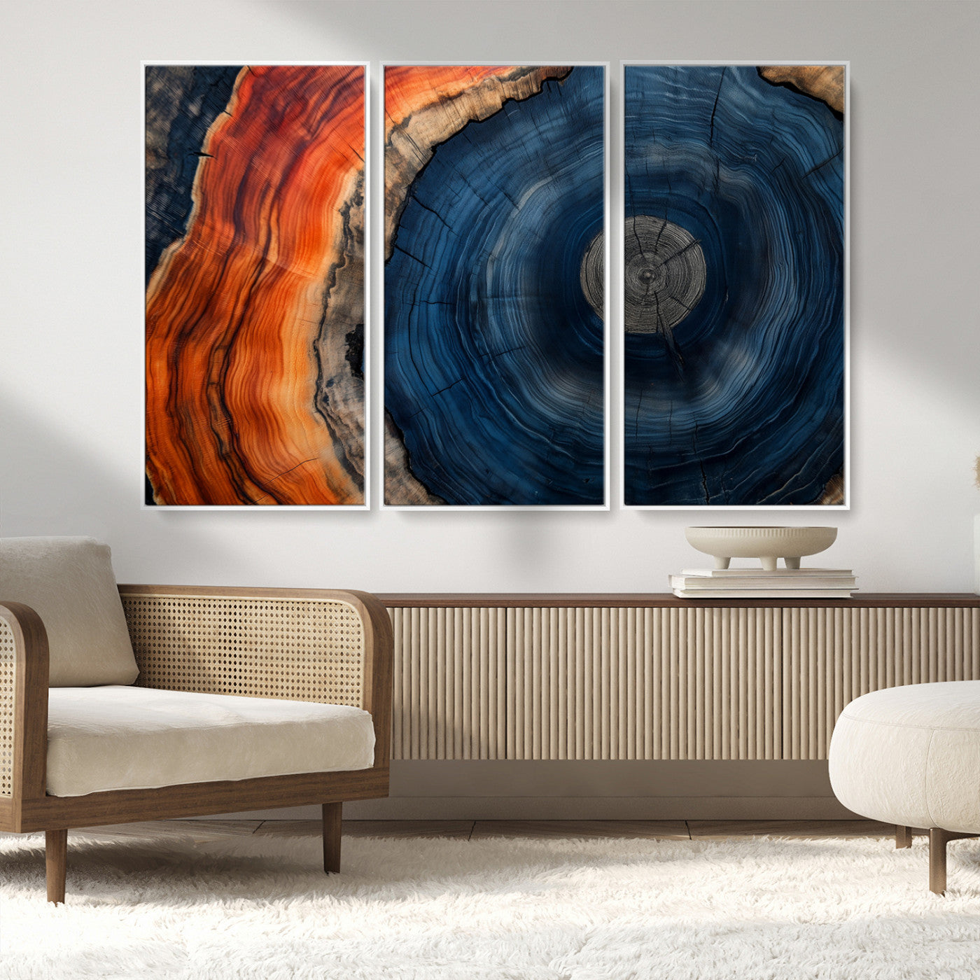 99491700-MGV-FC-48X32-3P_White-Tree Ring Canvas Wall Art – Blue Orange Abstract Wood Grain Print, Rustic Modern Nature Artwork for Living Room, Office, Bedroom