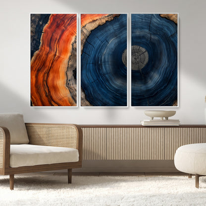 99491700-MGV-FC-48X32-3P_White-Tree Ring Canvas Wall Art – Blue Orange Abstract Wood Grain Print, Rustic Modern Nature Artwork for Living Room, Office, Bedroom