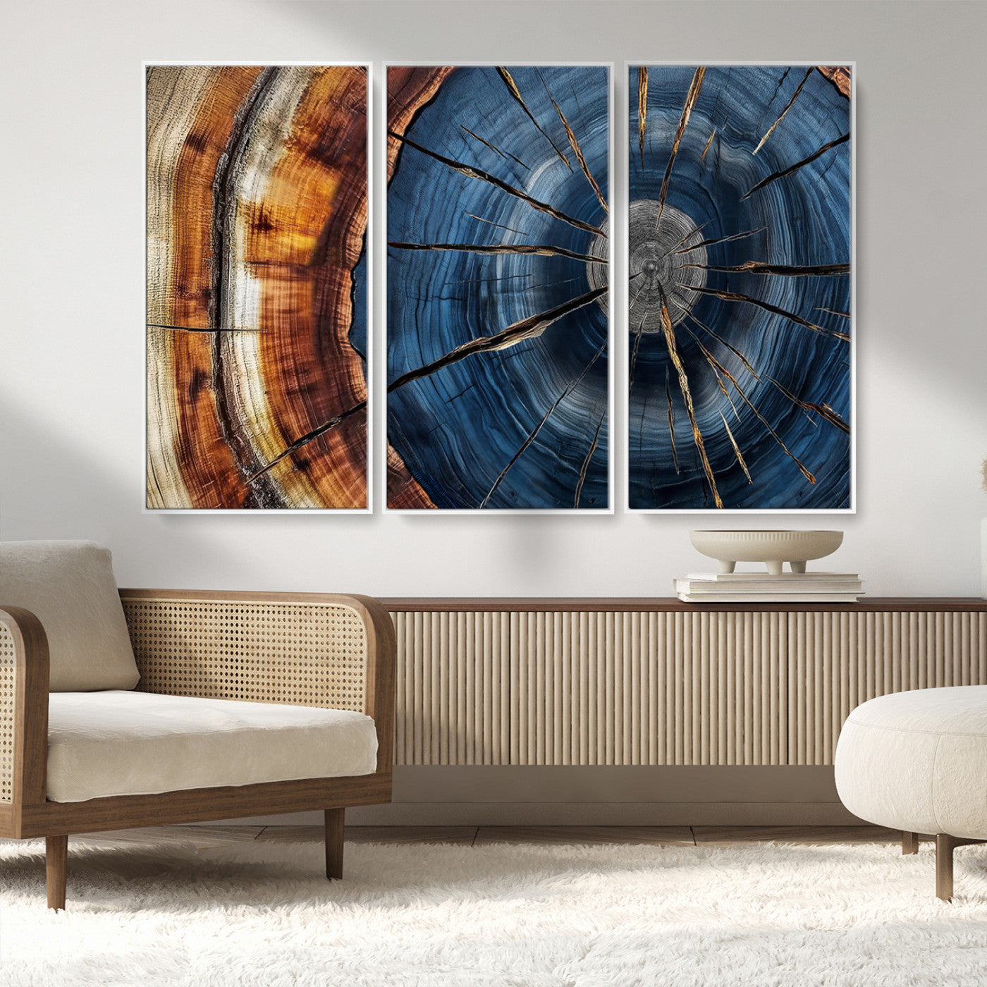 45268471-MGV-CV-36X24-Blue Tree Ring Wall Art – Rustic Wood Cross Section Canvas Print, Modern Abstract Nature Decor for Living Room, Office, or Cabin
