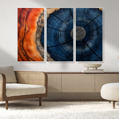 26110607-MGV-CV-36X24-Blue and Orange Tree Ring Wall Art – Abstract Wood Cross Section Canvas Print, Modern Rustic Nature Decor for Living Room, Office,