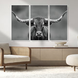 81228550-MGV-FC-48X32-3P_White-Framed Texas Longhorn Bull Art Canvas Print, Western Bull Wall Art Print, Long Horn Bull Photo Print for Log Cabin, Large Bull