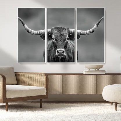 81228550-MGV-FC-48X32-3P_White-Framed Texas Longhorn Bull Art Canvas Print, Western Bull Wall Art Print, Long Horn Bull Photo Print for Log Cabin, Large Bull