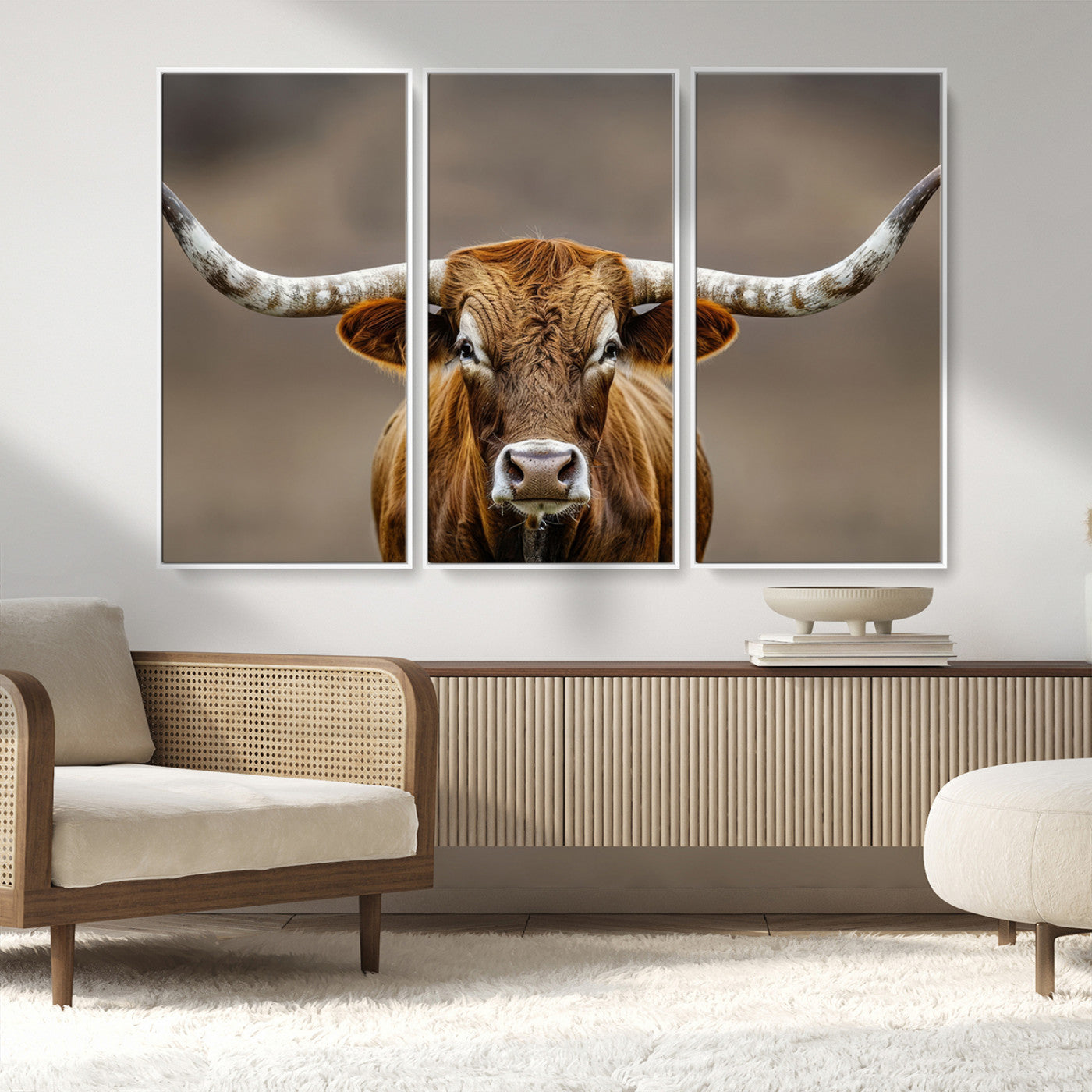 12179171-MGV-CV-36X24-Texas Longhorn Wall Art Canvas Print, Framed Brown Bull Art Picture Print, Lone Cattle Perfect Rustic Western Decor Artwork