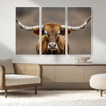 12179171-MGV-CV-36X24-Texas Longhorn Wall Art Canvas Print, Framed Brown Bull Art Picture Print, Lone Cattle Perfect Rustic Western Decor Artwork