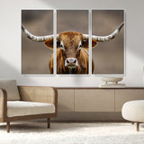 12179171-MGV-CV-36X24-Texas Longhorn Wall Art Canvas Print, Framed Brown Bull Art Picture Print, Lone Cattle Perfect Rustic Western Decor Artwork
