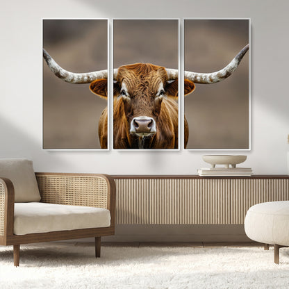 12179171-MGV-CV-36X24-Texas Longhorn Wall Art Canvas Print, Framed Brown Bull Art Picture Print, Lone Cattle Perfect Rustic Western Decor Artwork