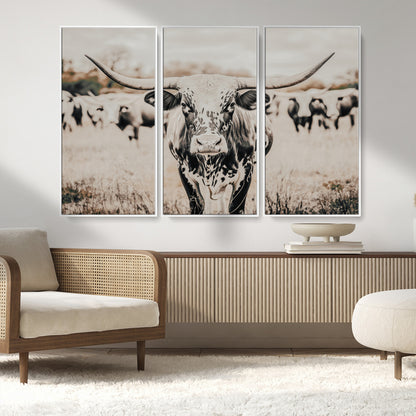 27497342-MGV-FC-48X32-3P_White-Texas Longhorn Wall Art Canvas Print, Framed Speckled Cow Art Picture Print, Horned Cattle Perfect Rustic Western Decor Artwork