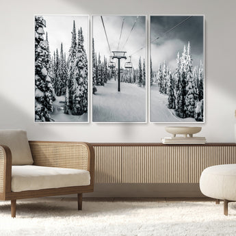 31156828-MGV-FC-48X32-3P_White-Snowy Pines Wall Art Canvas Print, Framed Ski Lift Art Picture Print, Winter Forest Perfect Moody Lodge Decor Artwork