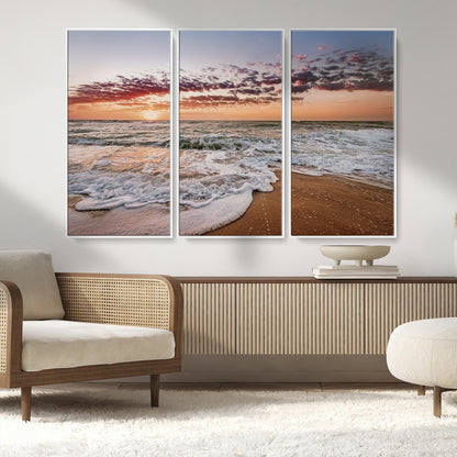 39846389-MGV-CV-36X24-Ocean Sunset Wall Art Canvas Print, Framed Sandy Shore Art Picture Print, Gentle Waves Perfect Minimalist Coastal Decor Artwork