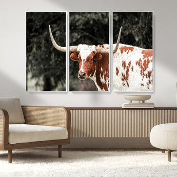 54027638-MGV-CV-36X24-Texas Longhorn Wall Art Canvas Print, Framed Spotted Cow Art Picture Print, Horned Bull Perfect Rustic Western Decor Artwork