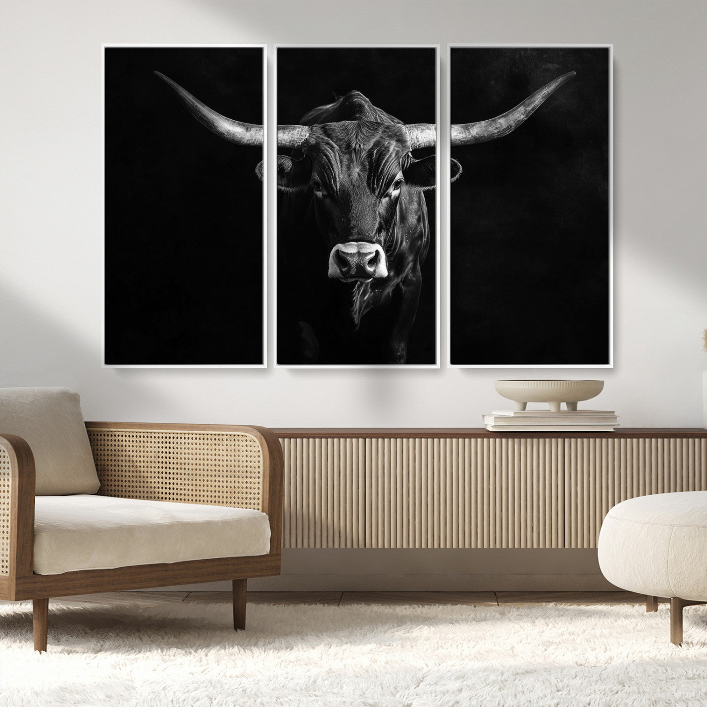 42077175-MGV-FC-48X32-3P_White-Texas Longhorn Wall Art Canvas Print, Framed Monochrome Bull Art Picture Print, Horned Bull Perfect Rustic Western Decor Artwork
