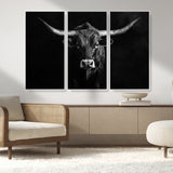 42077175-MGV-FC-48X32-3P_White-Texas Longhorn Wall Art Canvas Print, Framed Monochrome Bull Art Picture Print, Horned Bull Perfect Rustic Western Decor Artwork