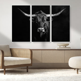42077175-MGV-FC-48X32-3P_White-Texas Longhorn Wall Art Canvas Print, Framed Monochrome Bull Art Picture Print, Horned Bull Perfect Rustic Western Decor Artwork