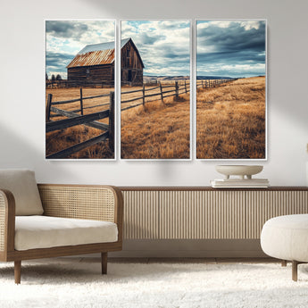 69356982-MGV-FC-48X32-3P_White-Old Barn Wall Art Canvas Print, Framed Rustic Fence Art Picture Print, Wooden Farmhouse Perfect Rustic Farmhouse Decor Artwork