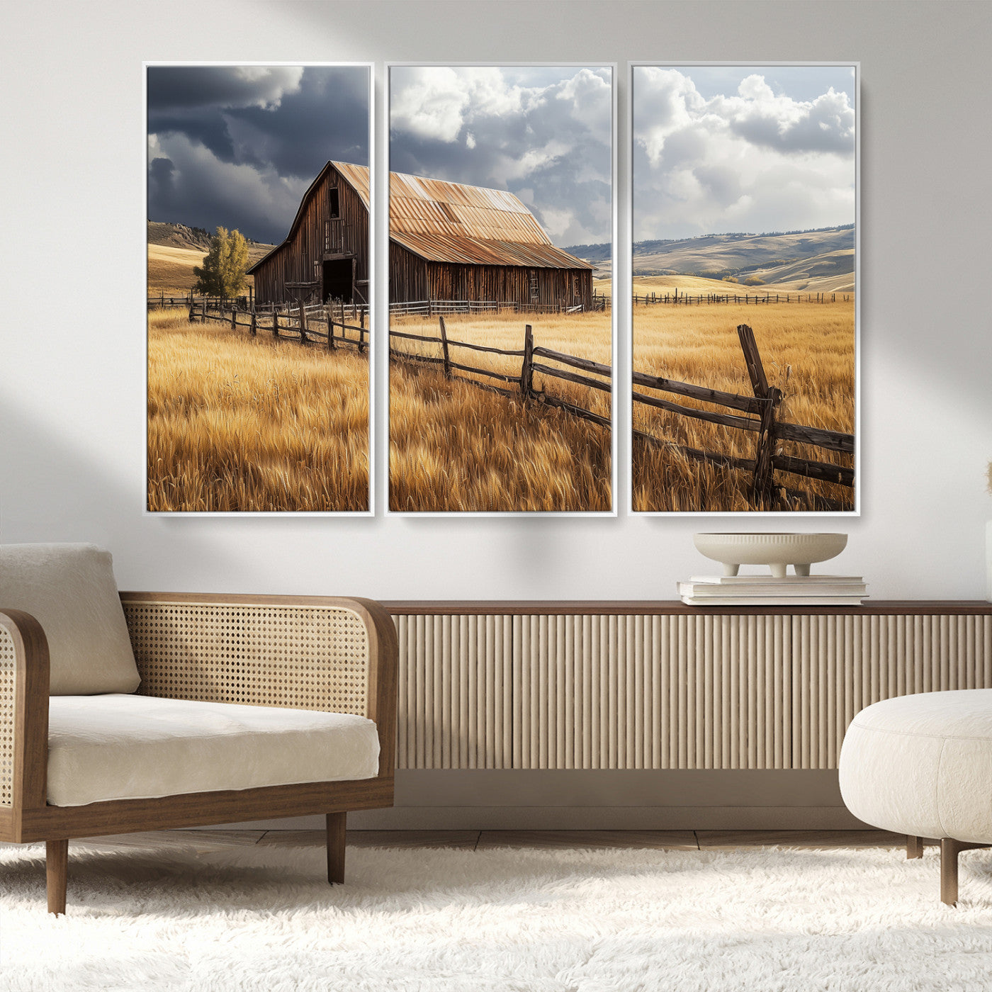 38758826-MGV-CV-36X24-Rustic Barn Wall Art Canvas Print, Framed Moody Barn Art Picture Print, Golden Field Perfect Rustic Farmhouse Decor Artwork