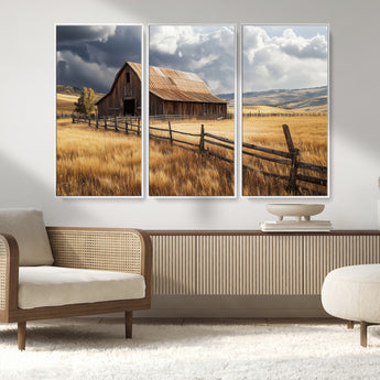38758826-MGV-CV-36X24-Rustic Barn Wall Art Canvas Print, Framed Moody Barn Art Picture Print, Golden Field Perfect Rustic Farmhouse Decor Artwork