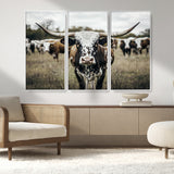 79025945-MGV-FC-48X32-3P_White-Texas Longhorn Wall Art Canvas Print, Framed Speckled Cow Art Picture Print, Horned Cattle Perfect Rustic Western Decor Artwork