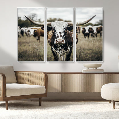 79025945-MGV-FC-48X32-3P_White-Texas Longhorn Wall Art Canvas Print, Framed Speckled Cow Art Picture Print, Horned Cattle Perfect Rustic Western Decor Artwork