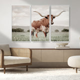 28309012-MGV-CV-36X24-Texas Longhorn Wall Art Canvas Print, Framed Spotted Cattle Art Picture Print, Horned Bull Perfect Rustic Western Decor Artwork