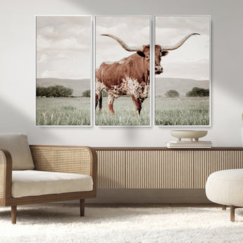 28309012-MGV-CV-36X24-Texas Longhorn Wall Art Canvas Print, Framed Spotted Cattle Art Picture Print, Horned Bull Perfect Rustic Western Decor Artwork