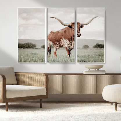 28309012-MGV-CV-36X24-Texas Longhorn Wall Art Canvas Print, Framed Spotted Cattle Art Picture Print, Horned Bull Perfect Rustic Western Decor Artwork