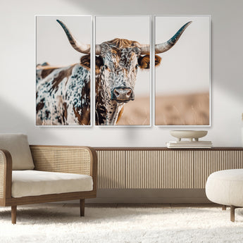 70414966-MGV-CV-36X24-Texas Longhorn Wall Art Canvas Print, Framed Speckled Cow Art Picture Print, Horned Bull Perfect Rustic Western Decor Artwork