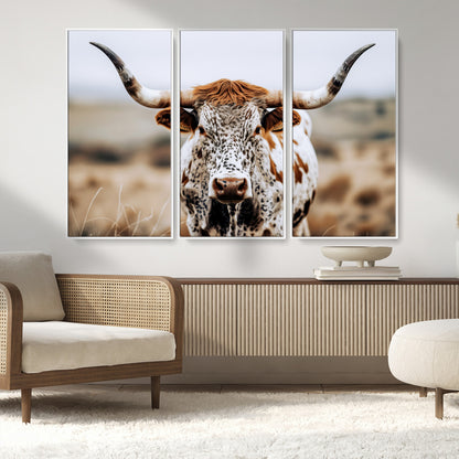 76294381-MGV-CV-36X24-Texas Longhorn Wall Art Canvas Print, Framed Spotted Cow Art Picture Print, Horned Cattle Perfect Rustic Western Decor Artwork