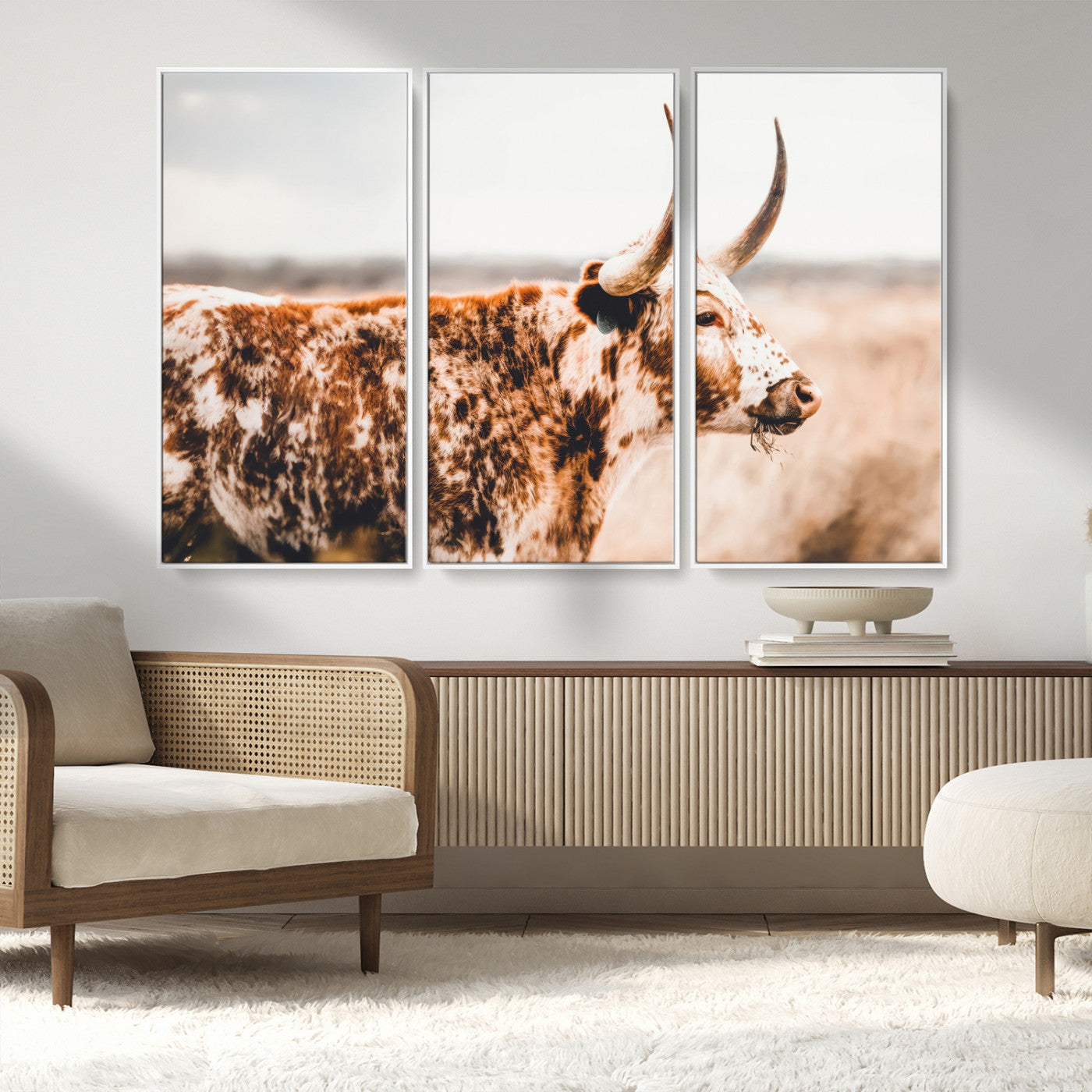 11528295-MGV-CV-36X24-Speckled Longhorn Wall Art Canvas Print, Framed Texas Cattle Art Picture Print, Horned Cow Perfect Rustic Western Decor Artwork