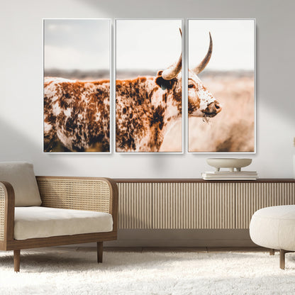 11528295-MGV-CV-36X24-Speckled Longhorn Wall Art Canvas Print, Framed Texas Cattle Art Picture Print, Horned Cow Perfect Rustic Western Decor Artwork