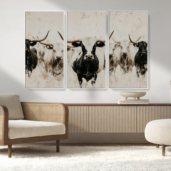 12027562-MGV-FC-48X32-3P_White-Longhorn Cattle Wall Art Canvas Print, Framed Bison Herd Art Picture Print, Cattle Group Perfect Rustic Farmhouse Decor Artwork