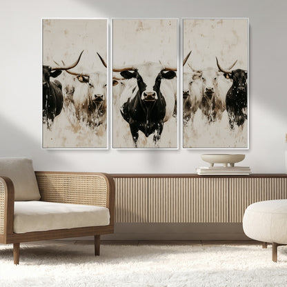 12027562-MGV-FC-48X32-3P_White-Longhorn Cattle Wall Art Canvas Print, Framed Bison Herd Art Picture Print, Cattle Group Perfect Rustic Farmhouse Decor Artwork