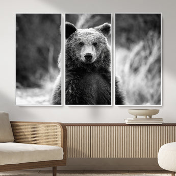 MGV-FC-48X32-3P - Grizzly Bear Wall Art Canvas Print, Framed Black White Bear Art Picture Print, Wild Bear Perfect Rustic Wildlife Decor Artwork