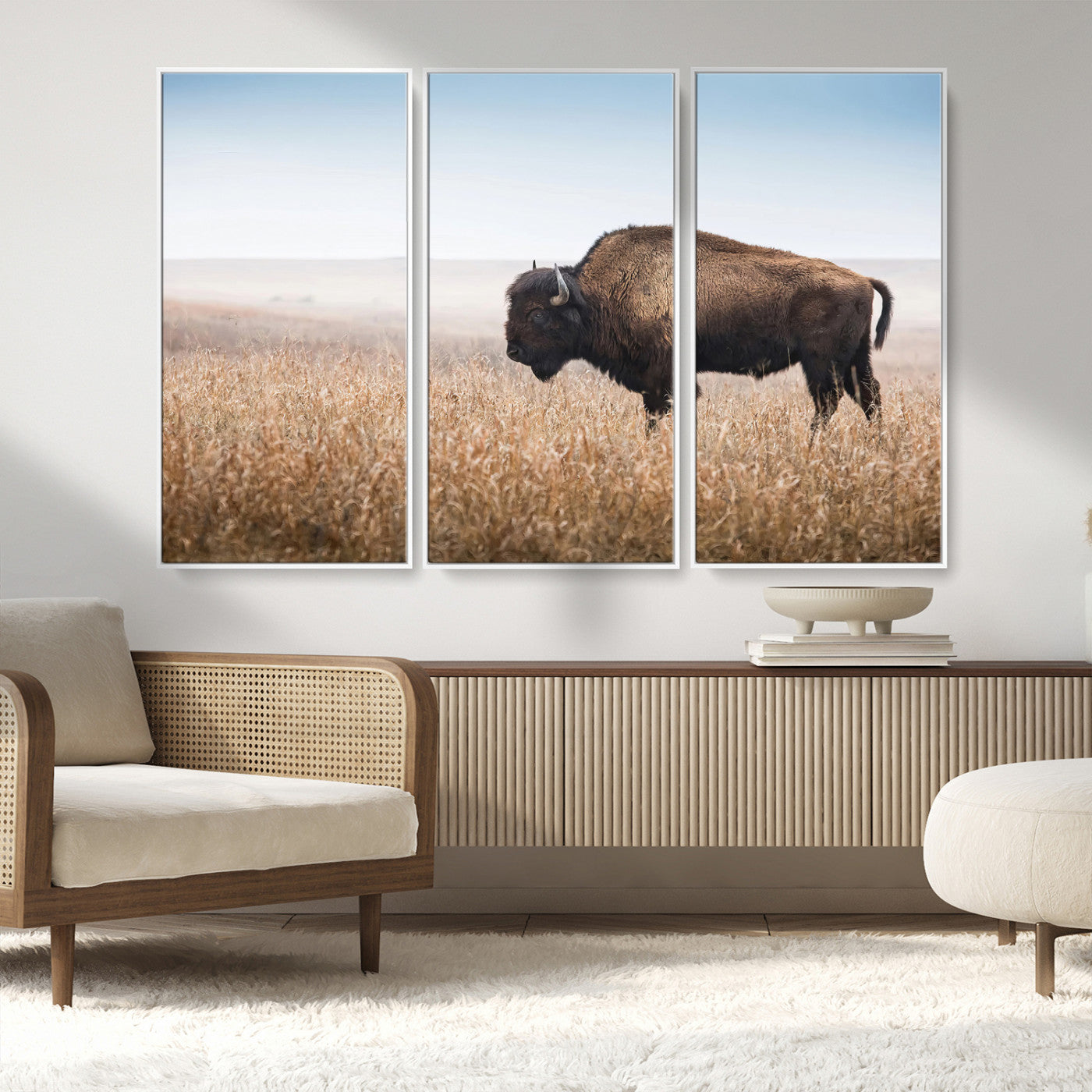 91267849-MGV-FC-48X32-3P_White-Wild Bison Wall Art Canvas Print, Framed Bison in Prairie Art Picture Print, Rustic Western Perfect Rustic Western Decor Artwork