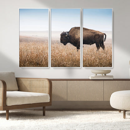 91267849-MGV-FC-48X32-3P_White-Wild Bison Wall Art Canvas Print, Framed Bison in Prairie Art Picture Print, Rustic Western Perfect Rustic Western Decor Artwork