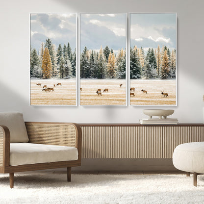 64188182-MGV-CV-36X24-Elk Herd Wall Art Canvas Print, Framed Snowy Forest Art Picture Print, Forest Elks Perfect Neutral Rustic Decor Artwork