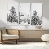 55003599-MGV-CV-36X24-Snowy Ski Lift Wall Art Canvas Print, Framed Winter Forest Art Picture Print, Ski lift Ride Perfect Winter Lodge Decor Artwork