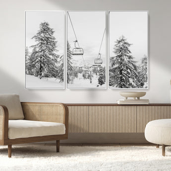 55003599-MGV-CV-36X24-Snowy Ski Lift Wall Art Canvas Print, Framed Winter Forest Art Picture Print, Ski lift Ride Perfect Winter Lodge Decor Artwork