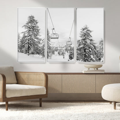 55003599-MGV-CV-36X24-Snowy Ski Lift Wall Art Canvas Print, Framed Winter Forest Art Picture Print, Ski lift Ride Perfect Winter Lodge Decor Artwork