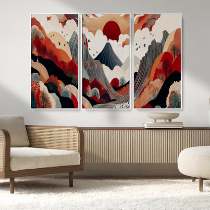 59495752-MGV-FC-48X32-3P_White-Abstract Mountain Wall Art Canvas Print, Framed Vibrant Landscape Art Picture Print, Nature Drawing Perfect Contemporary