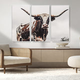 95249234-MGV-FC-48X32-3P_White-Texas Longhorn Wall Art Canvas Print, Framed Spotted Bull Art Picture Print, Horned Cattle Perfect Rustic Farmhouse Decor Artwork